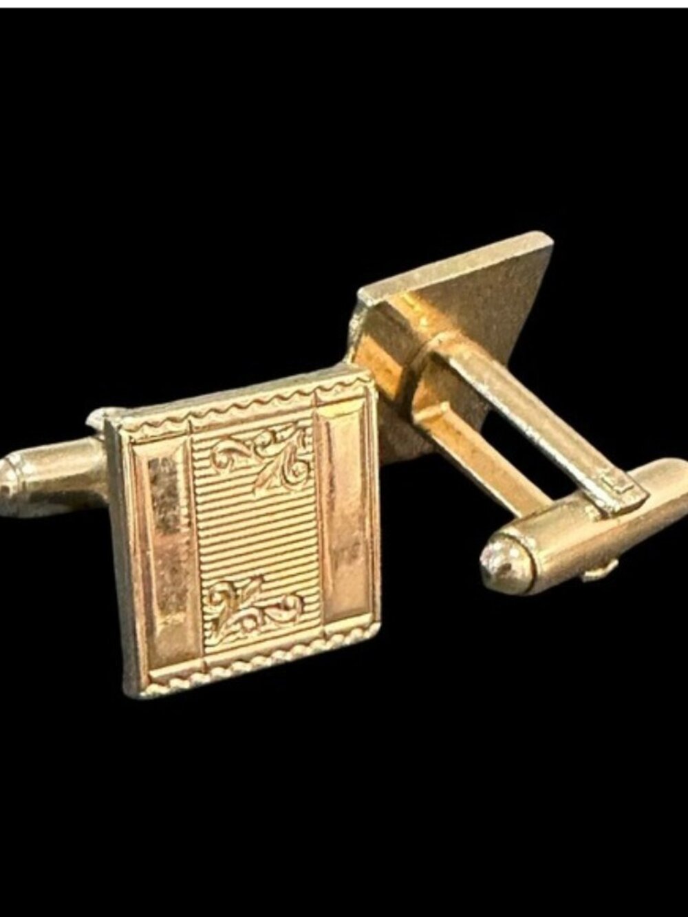 Vintage Gold Tone Square Cufflinks With Ornate Engraved Design